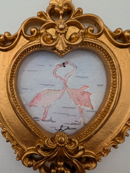 Mini Flamingos in Love Painting - Original Watercolor Art by Lora Cavallin