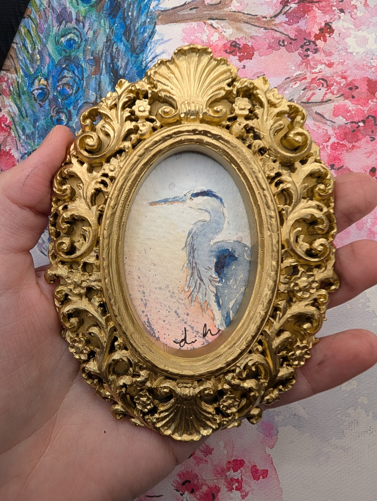 Mini Blue Heron Painting - Original Watercolor Art by Lora Cavallin