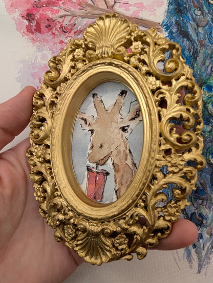Mini Giraffe with Iced Drink Painting - Original Watercolor Art by Lora Cavallin