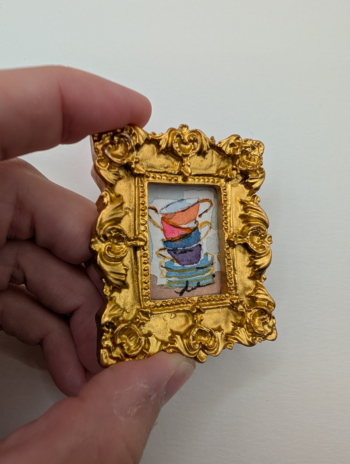 Mini Teacup Stack Painting - Original Watercolor Art by Lora Cavallin