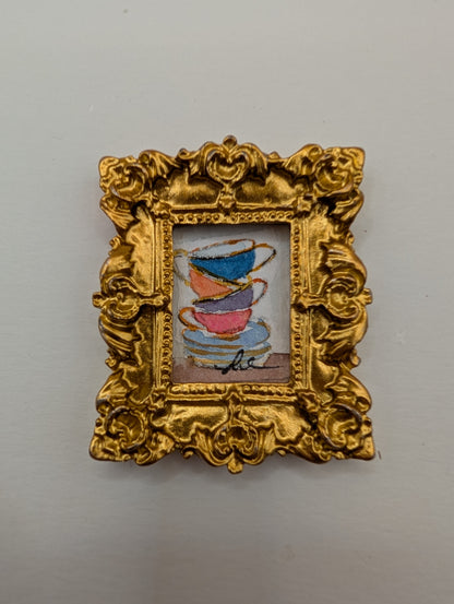 Mini Stack of Teacups Painting - Original Watercolor Art by Lora Cavallin