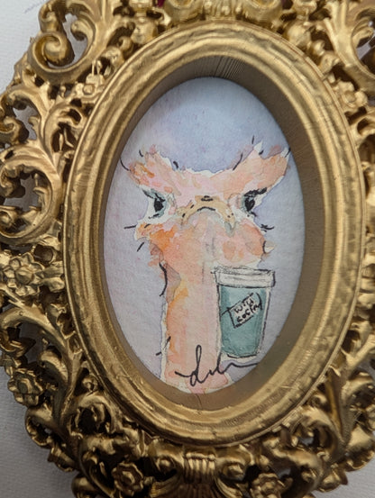 Mini Ostrich with Coffee Painting - Original Watercolor Art by Lora Cavallin
