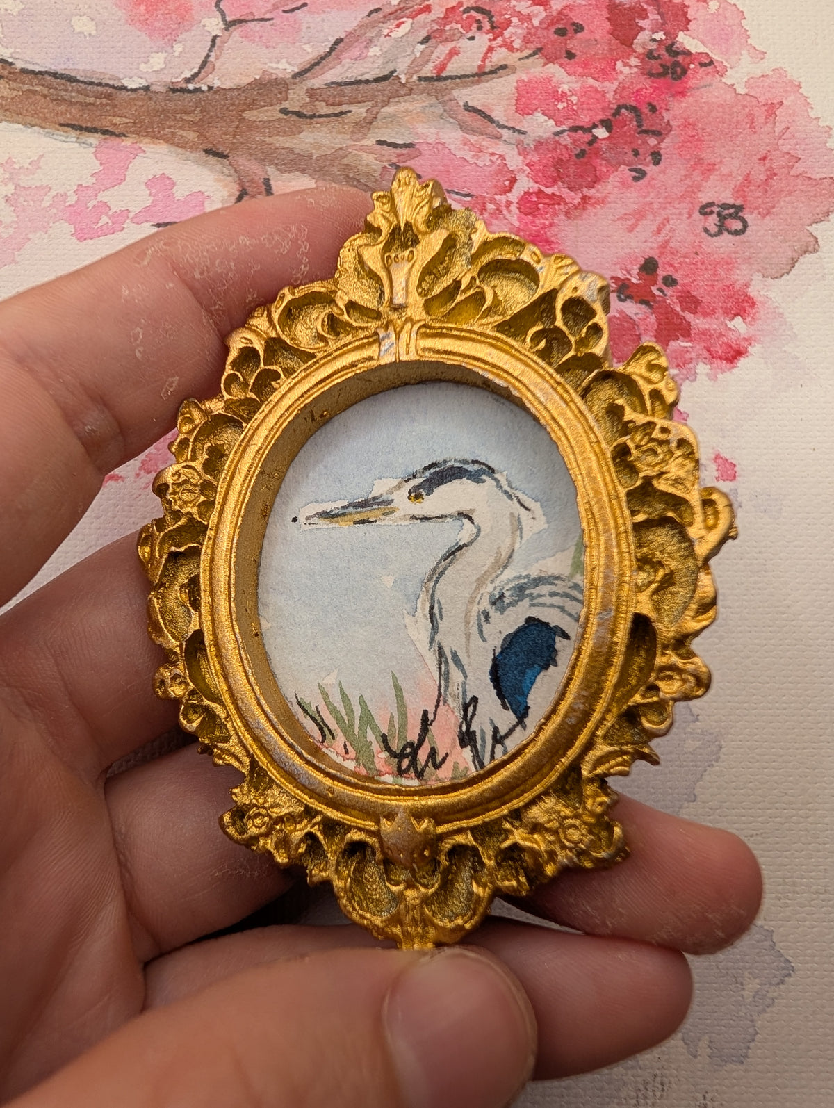 Mini Blue Heron Painting - Original Watercolor Art by Lora Cavallin