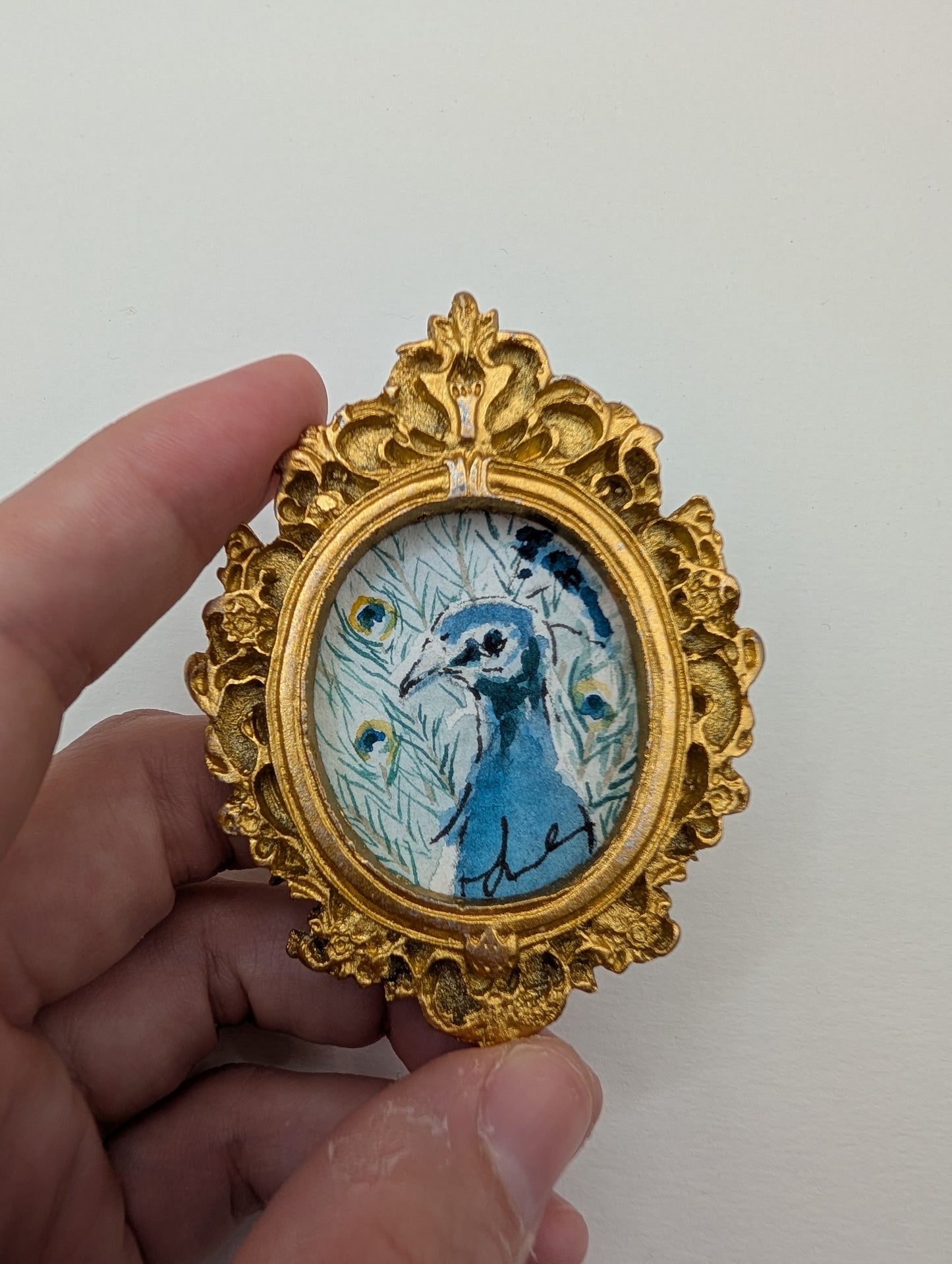 Mini Peacock Painting - Original Watercolor Art by Lora Cavallin