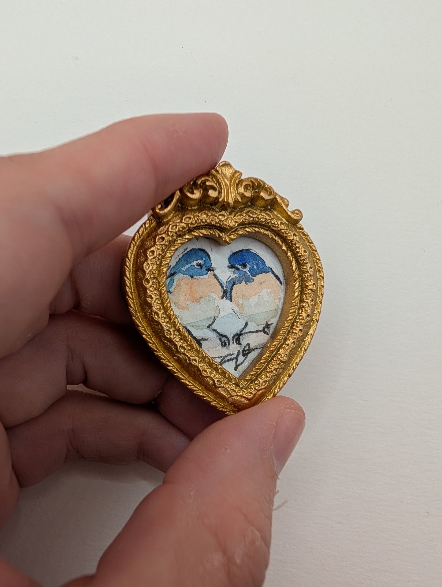 Mini Bluebirds in Love Painting - Original Watercolor Art by Lora Cavallin