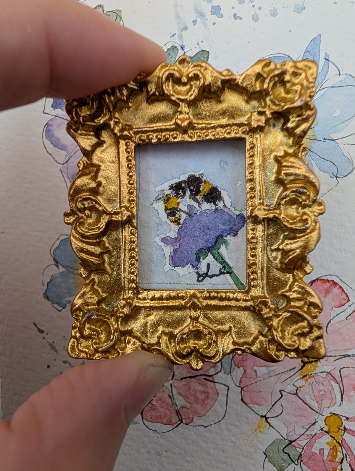 Mini Bee on Flower Painting - Original Watercolor Art by Lora Cavallin