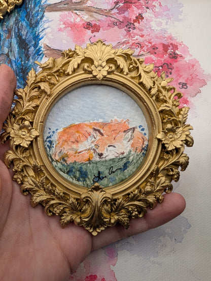 Mini Sleeping Fox Painting - Original Watercolor Art by Lora Cavallin