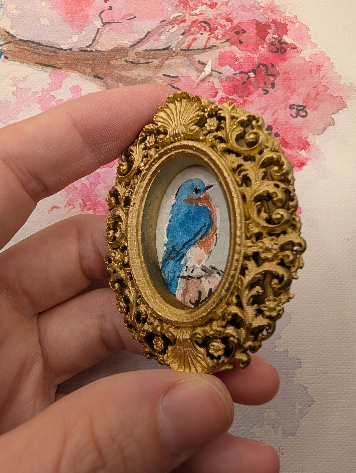 Mini Bluebird Painting - Original Watercolor Art by Lora Cavallin