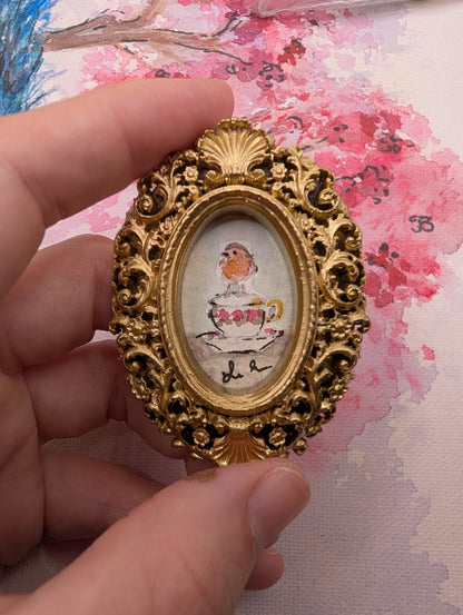 Mini Robin Bird on Teacup Painting - Original Watercolor Art by Lora Cavallin