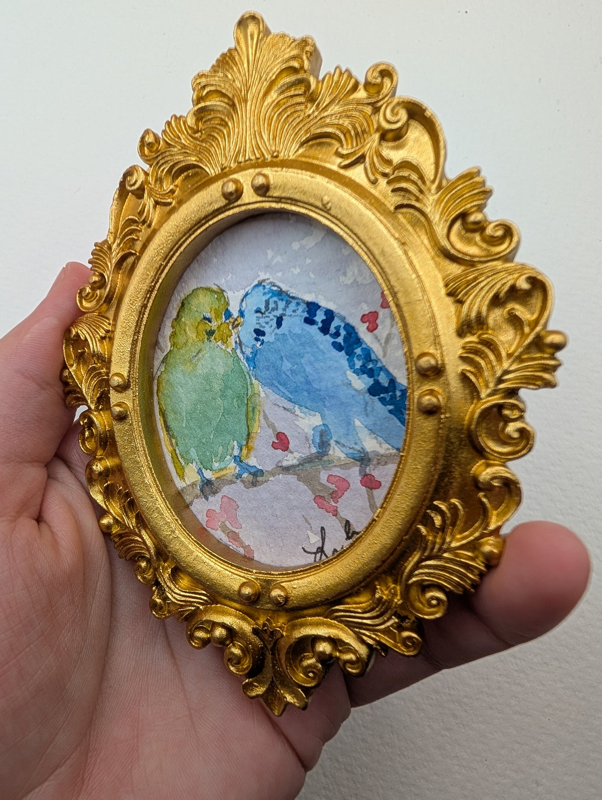 Mini Parakeet Birds in Love Painting - Original Watercolor Art by Lora Cavallin