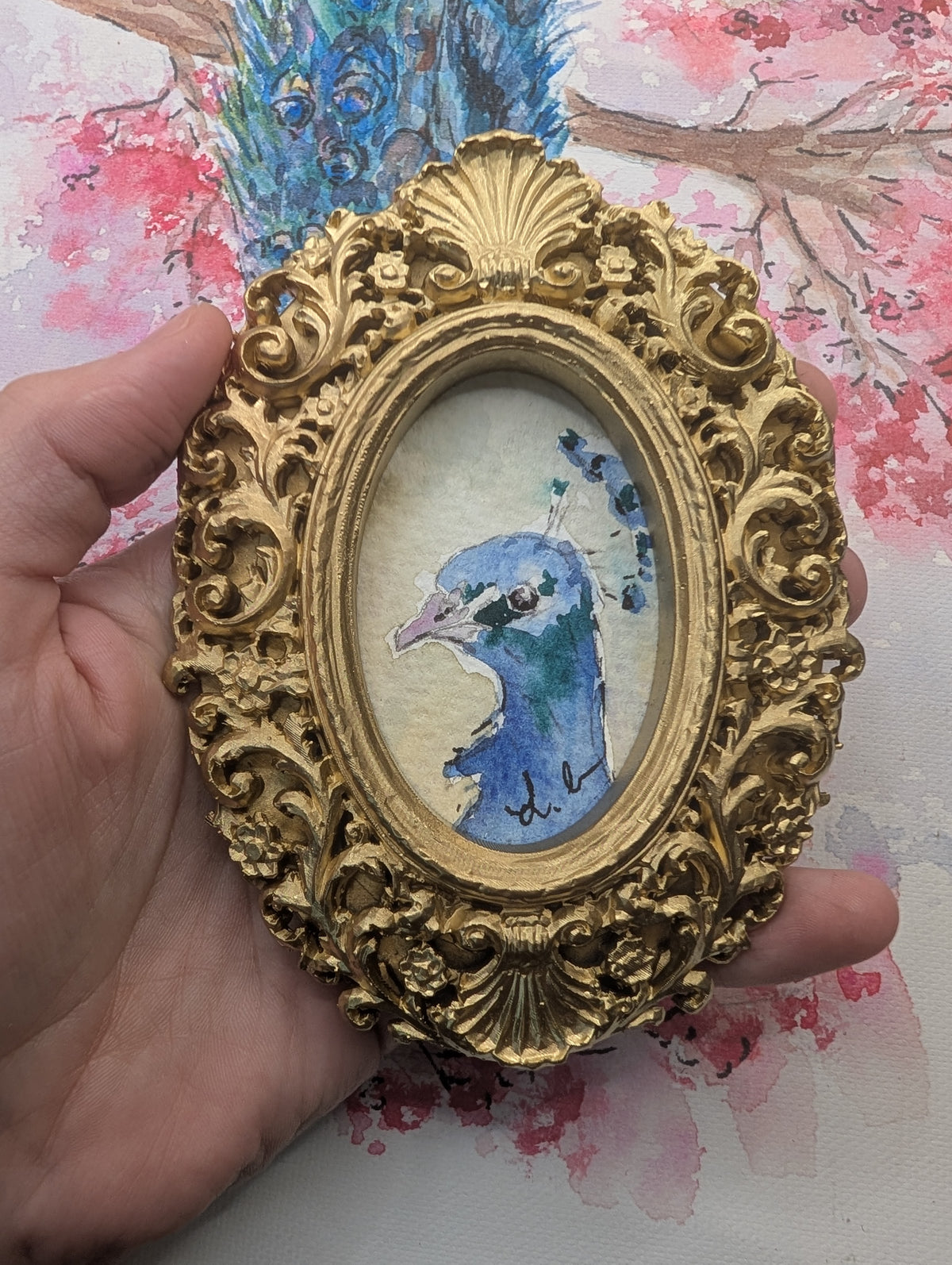 Mini Peacock Painting - Original Watercolor Art by Lora Cavallin