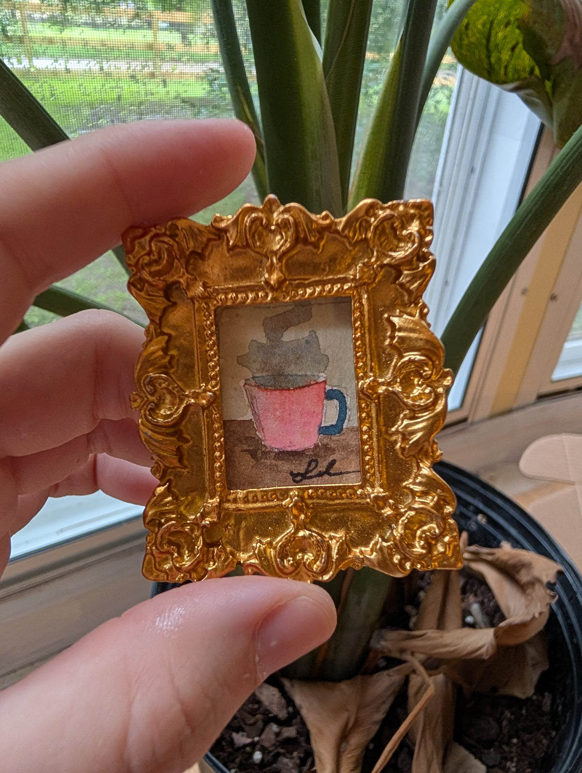 Mini Coffee Mug Painting - Original Watercolor Art by Lora Cavallin