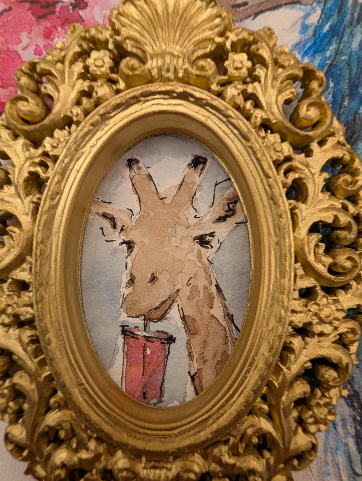 Mini Giraffe with Iced Drink Painting - Original Watercolor Art by Lora Cavallin
