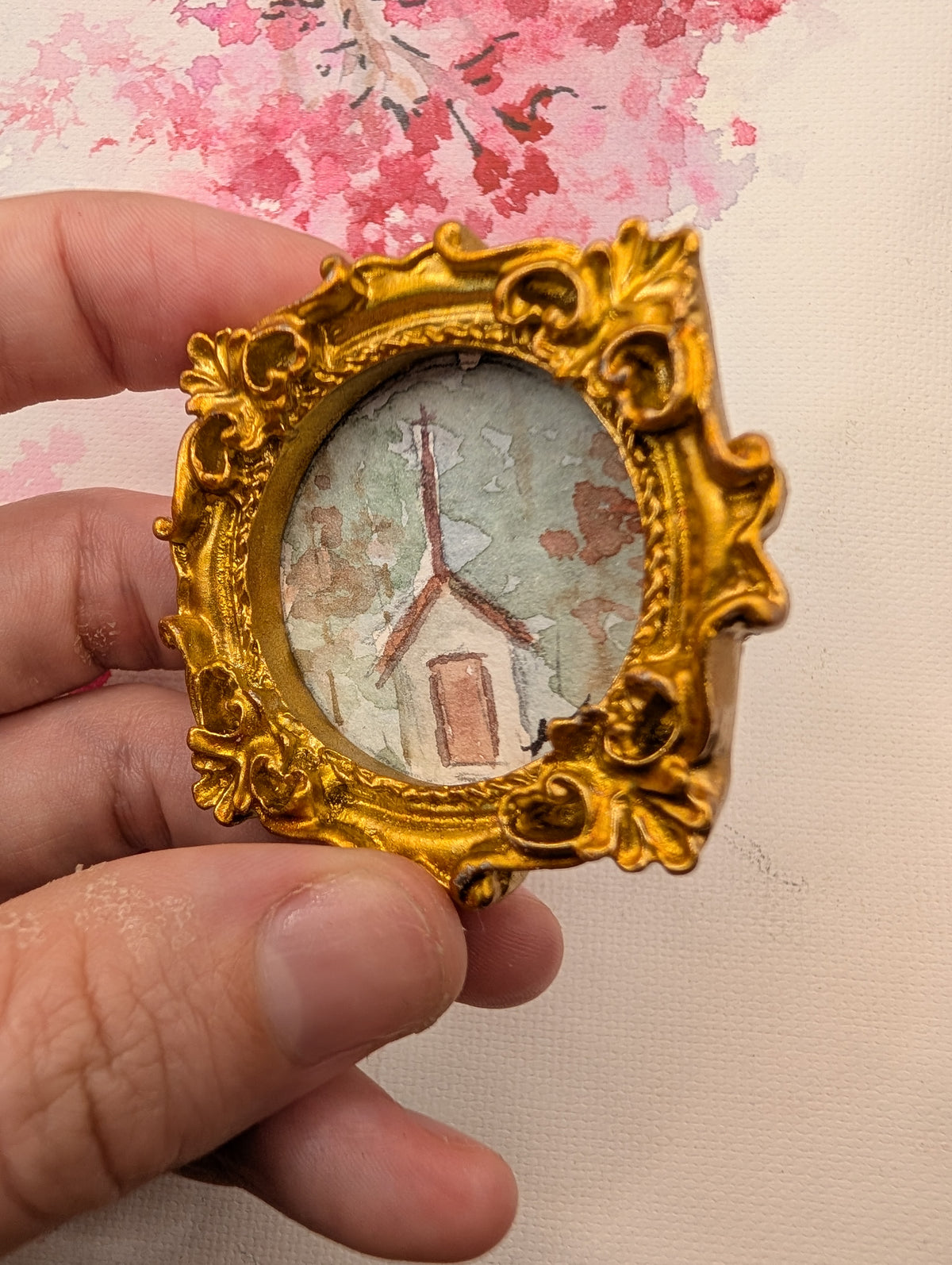 Mini Church Painting - Original Watercolor Art by Lora Cavallin