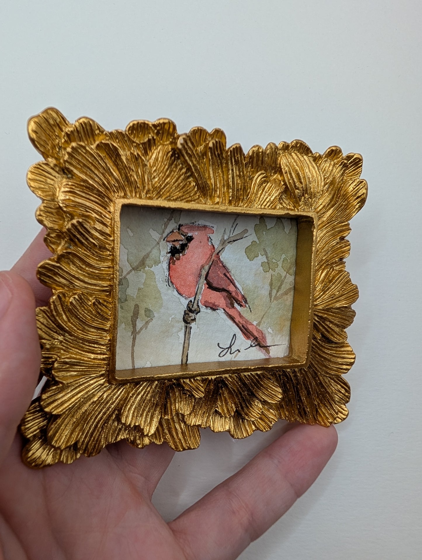 Mini Cardinal Bird Painting - Original Watercolor Art by Lora Cavallin