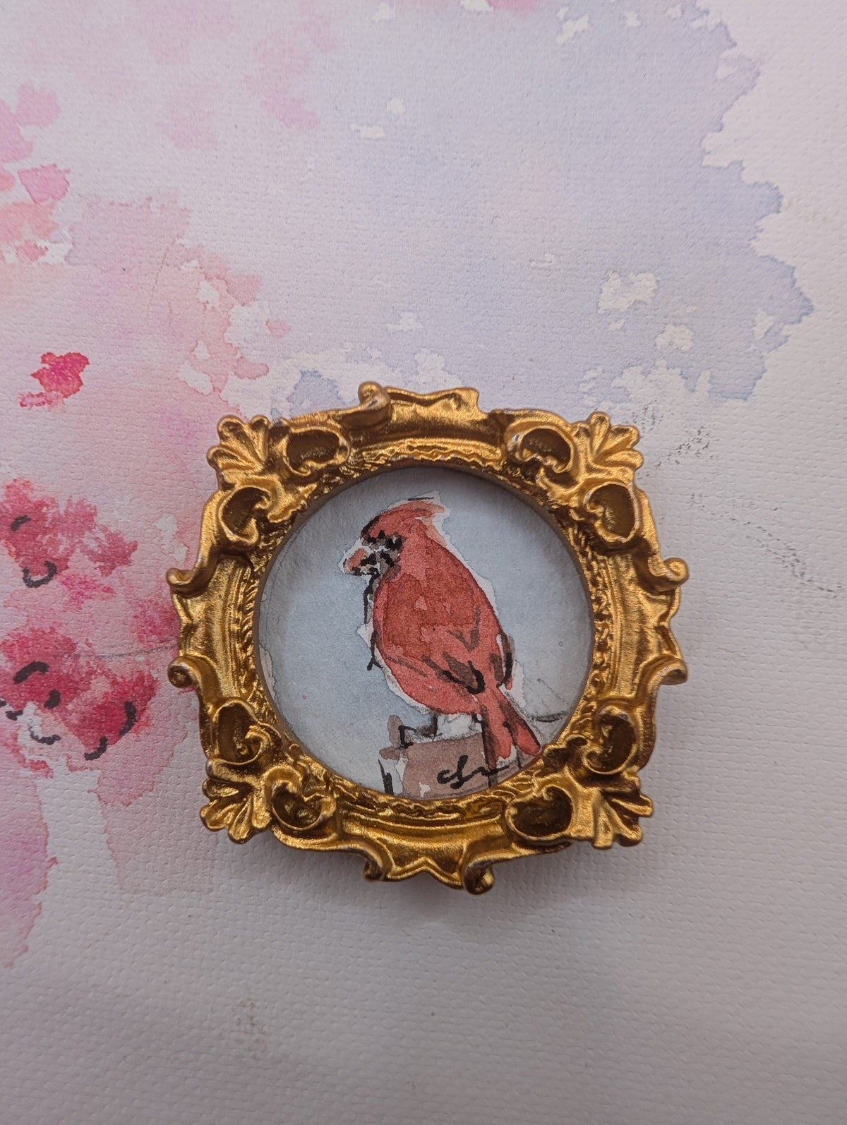 Mini Cardinal Bird Painting - Original Watercolor Art by Lora Cavallin