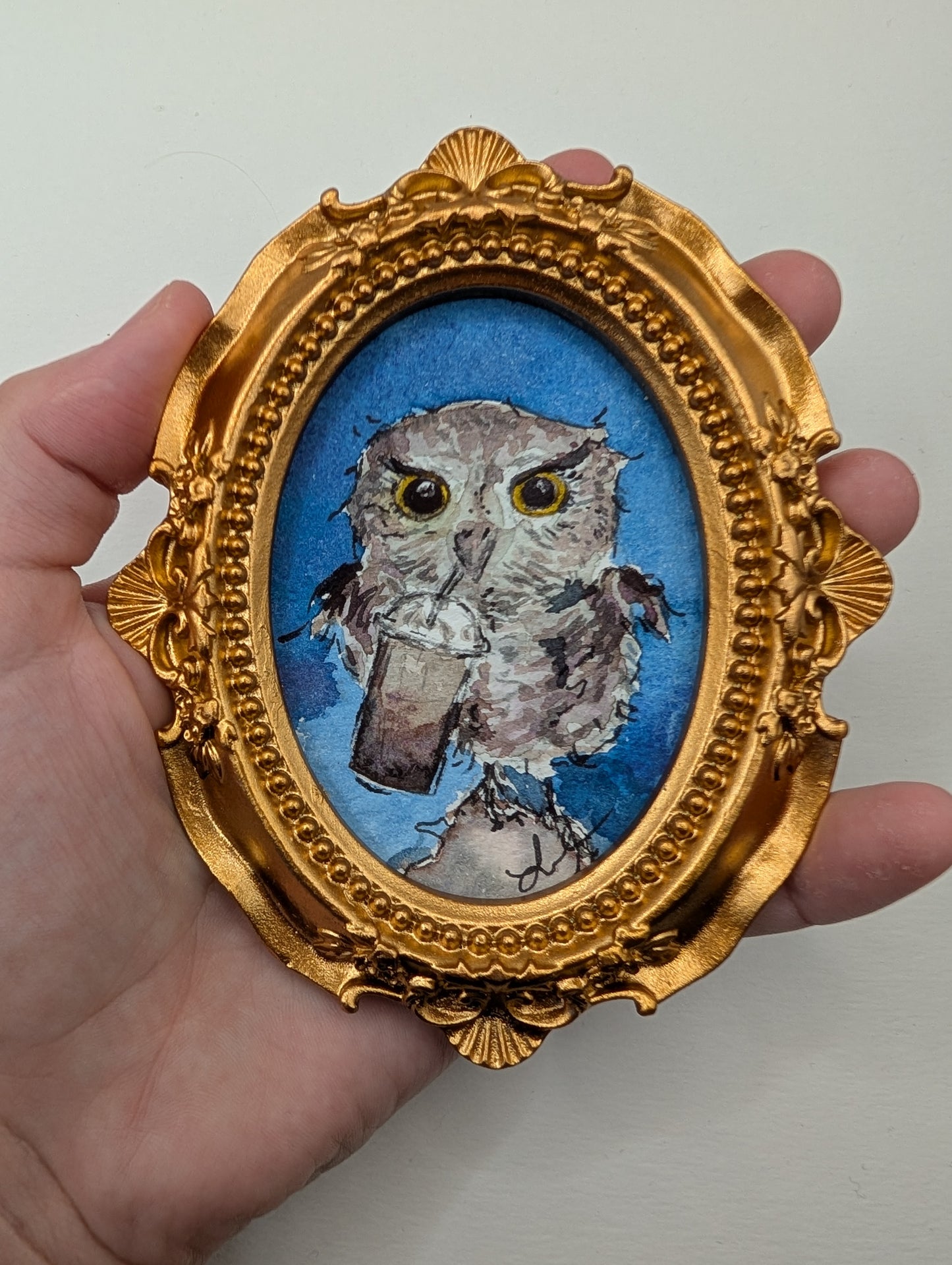 Mini Owl with Frozen Coffee Painting - Original Watercolor Art by Lora Cavallin