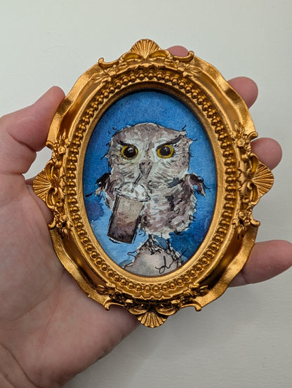 Mini Owl with Frozen Coffee Painting - Original Watercolor Art by Lora Cavallin