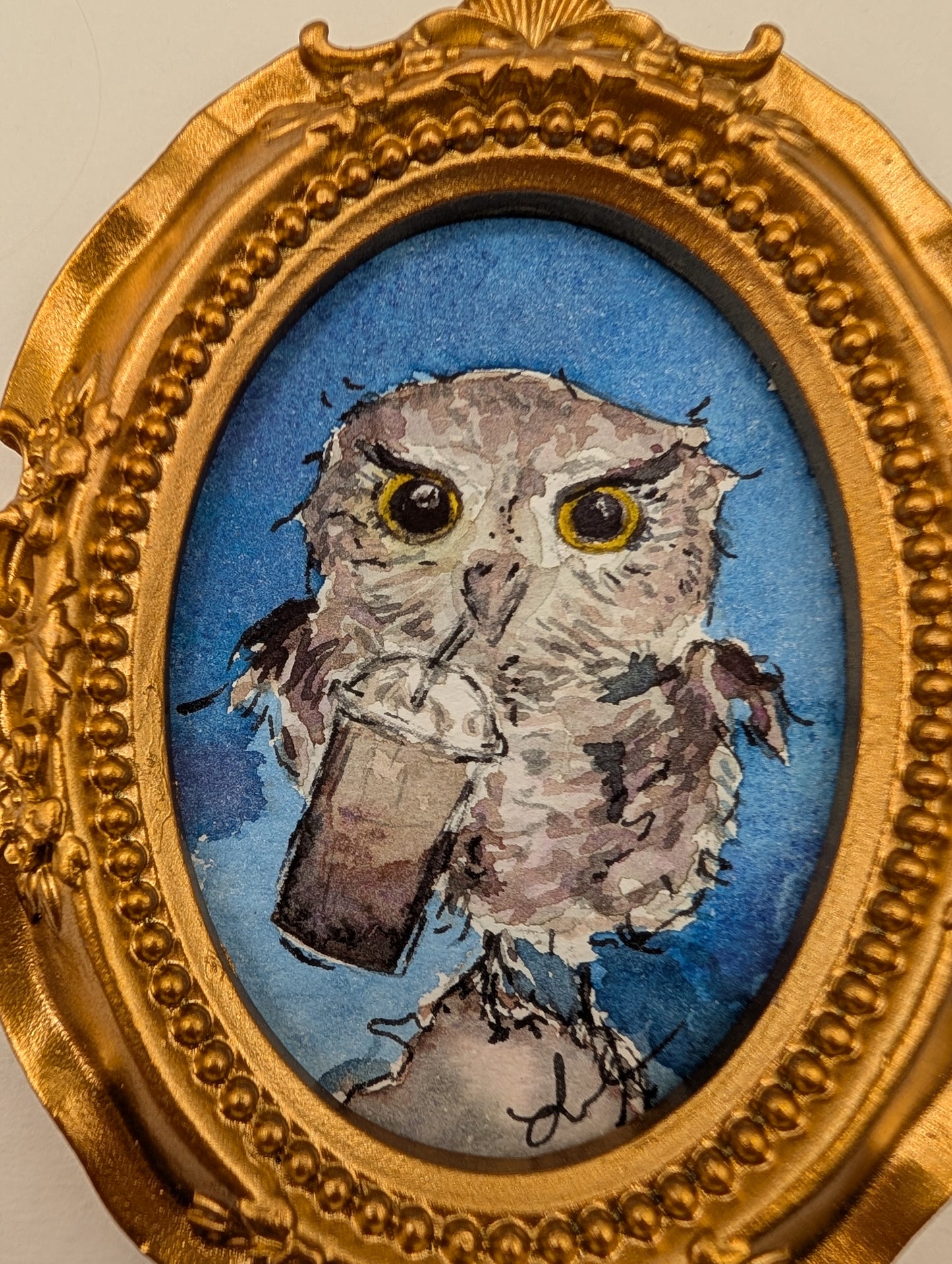 Mini Owl with Frozen Coffee Painting - Original Watercolor Art by Lora Cavallin