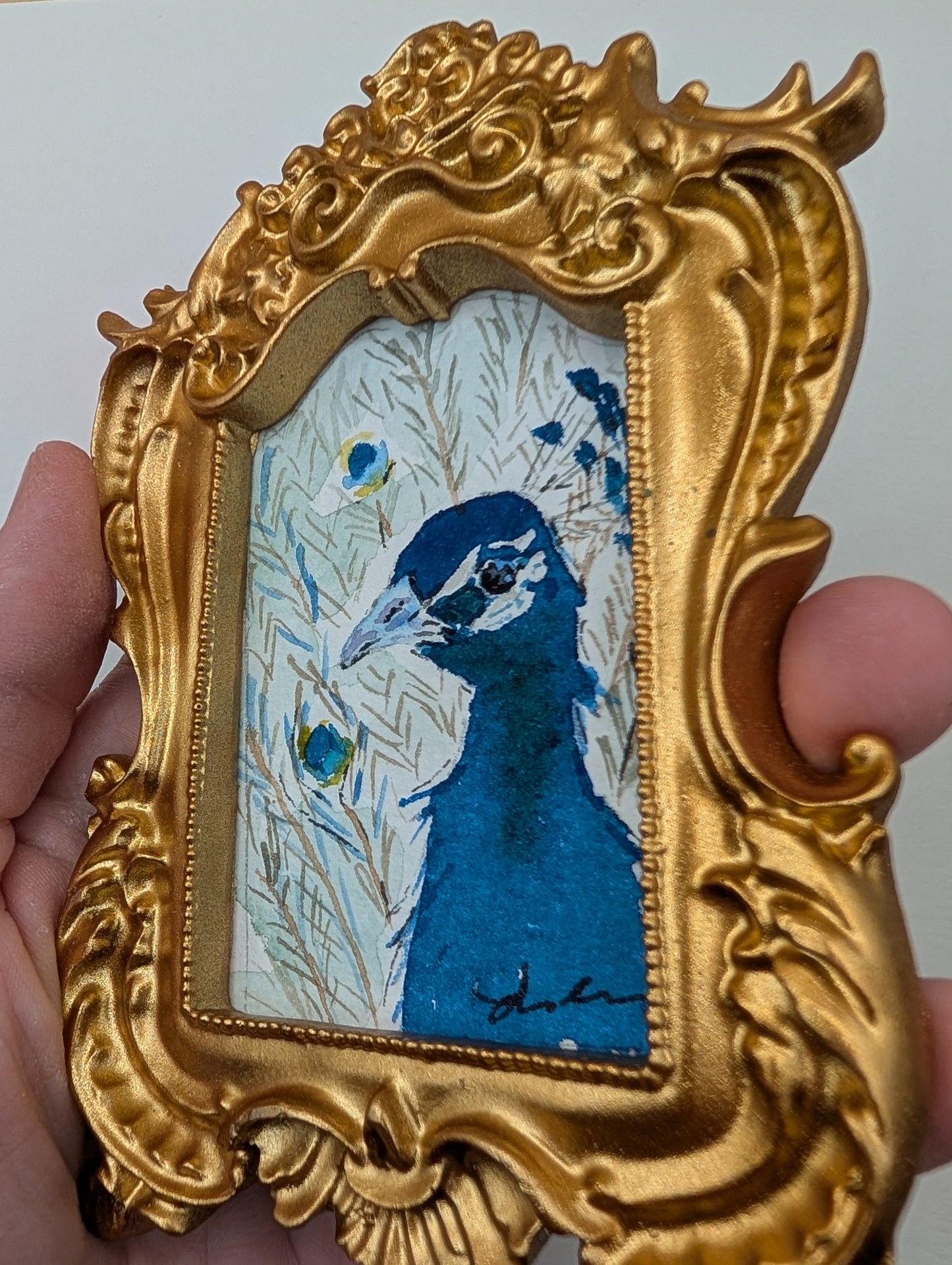 Mini Peacock Painting - Original Watercolor Art by Lora Cavallin
