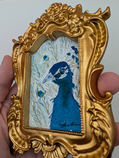 Mini Peacock Painting - Original Watercolor Art by Lora Cavallin
