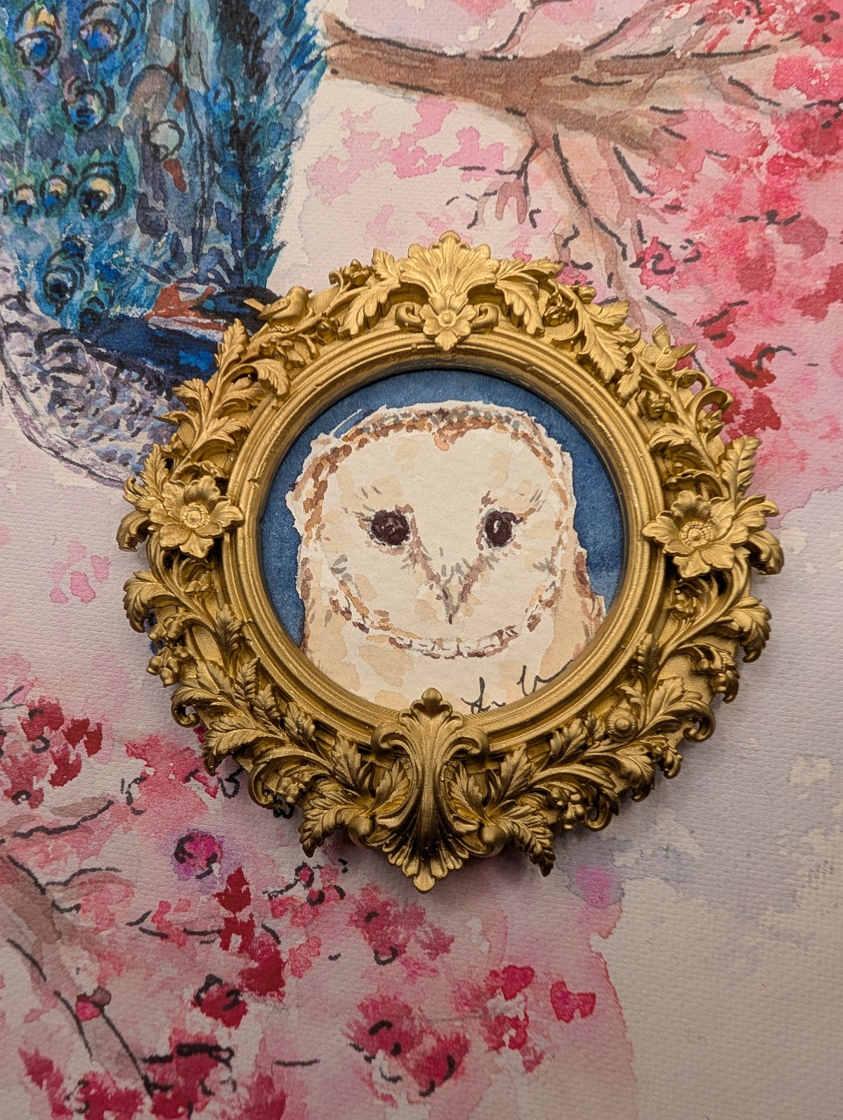 Mini Barn Owl Painting - Original Watercolor Art by Lora Cavallin