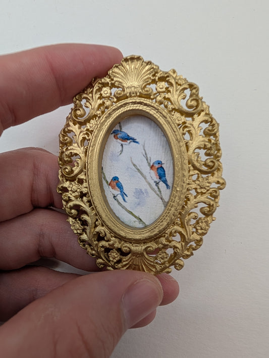 Tiny Bluebirds in Tree Watercolor Art Print - Dollhouse Size - With Gold Frame