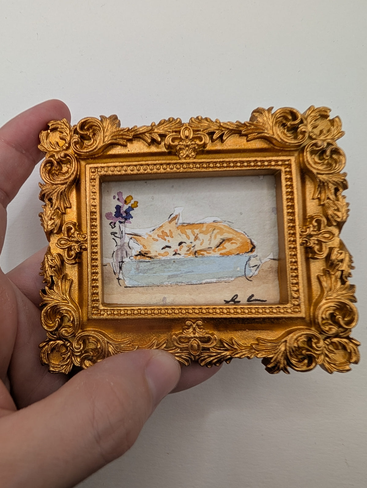 Mini Sleeping Cat Painting - Original Watercolor Art by Lora Cavallin