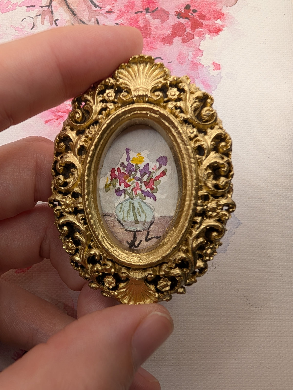 Mini Vase with Flowers Painting - Original Watercolor Art by Lora Cavallin