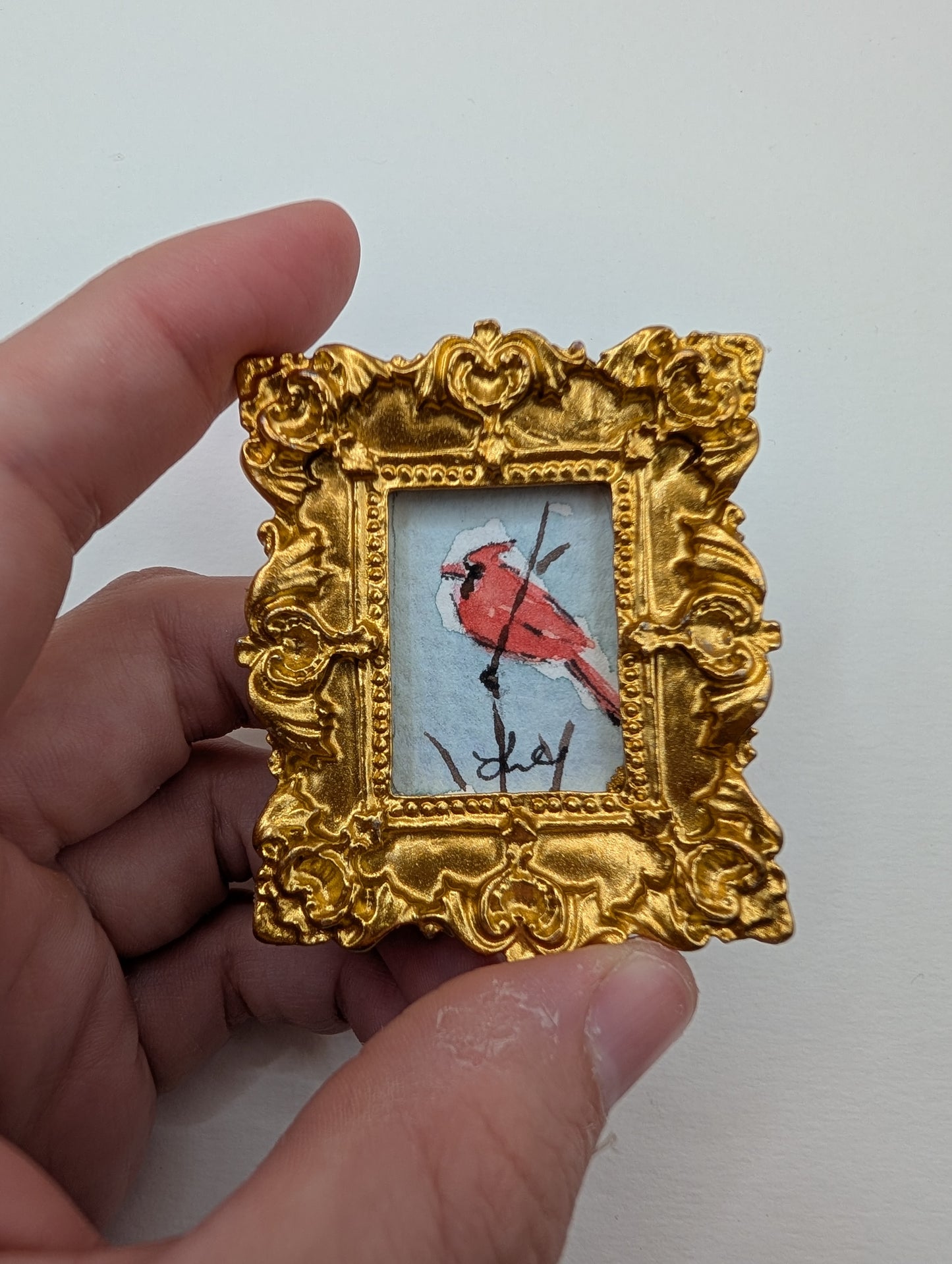 Mini Cardinal Bird Painting - Original Watercolor Art by Lora Cavallin