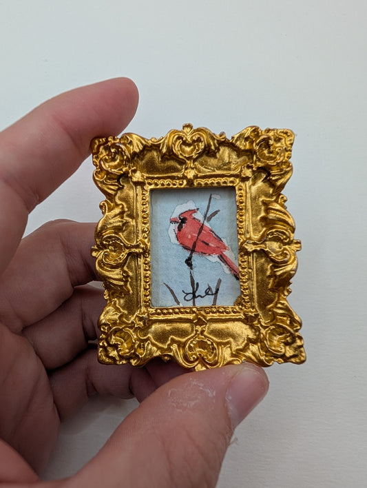 Mini Cardinal Bird Painting - Original Watercolor Art by Lora Cavallin