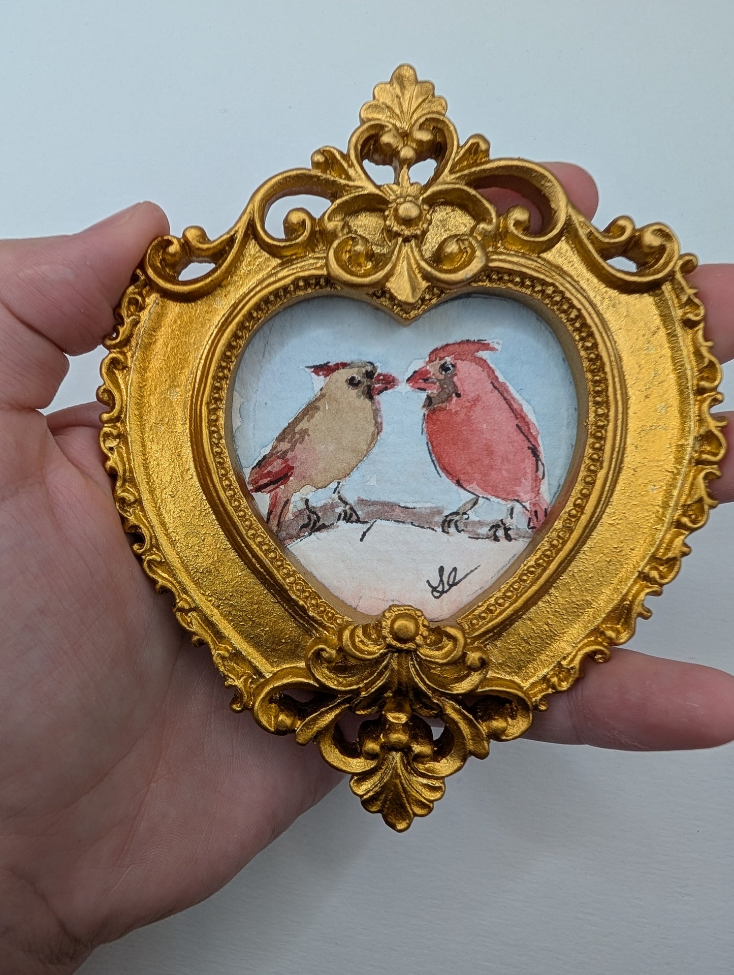 Mini Male and Female Cardinal Birds Painting - Original Watercolor Art by Lora Cavallin