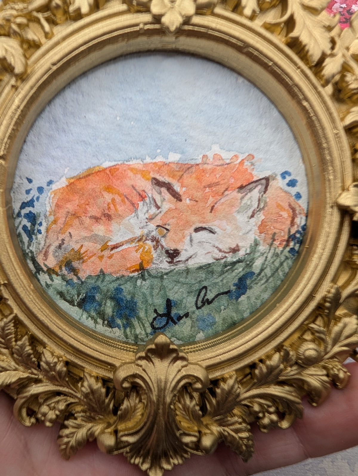 Mini Sleeping Fox Painting - Original Watercolor Art by Lora Cavallin