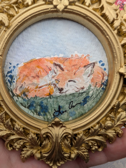 Mini Sleeping Fox Painting - Original Watercolor Art by Lora Cavallin