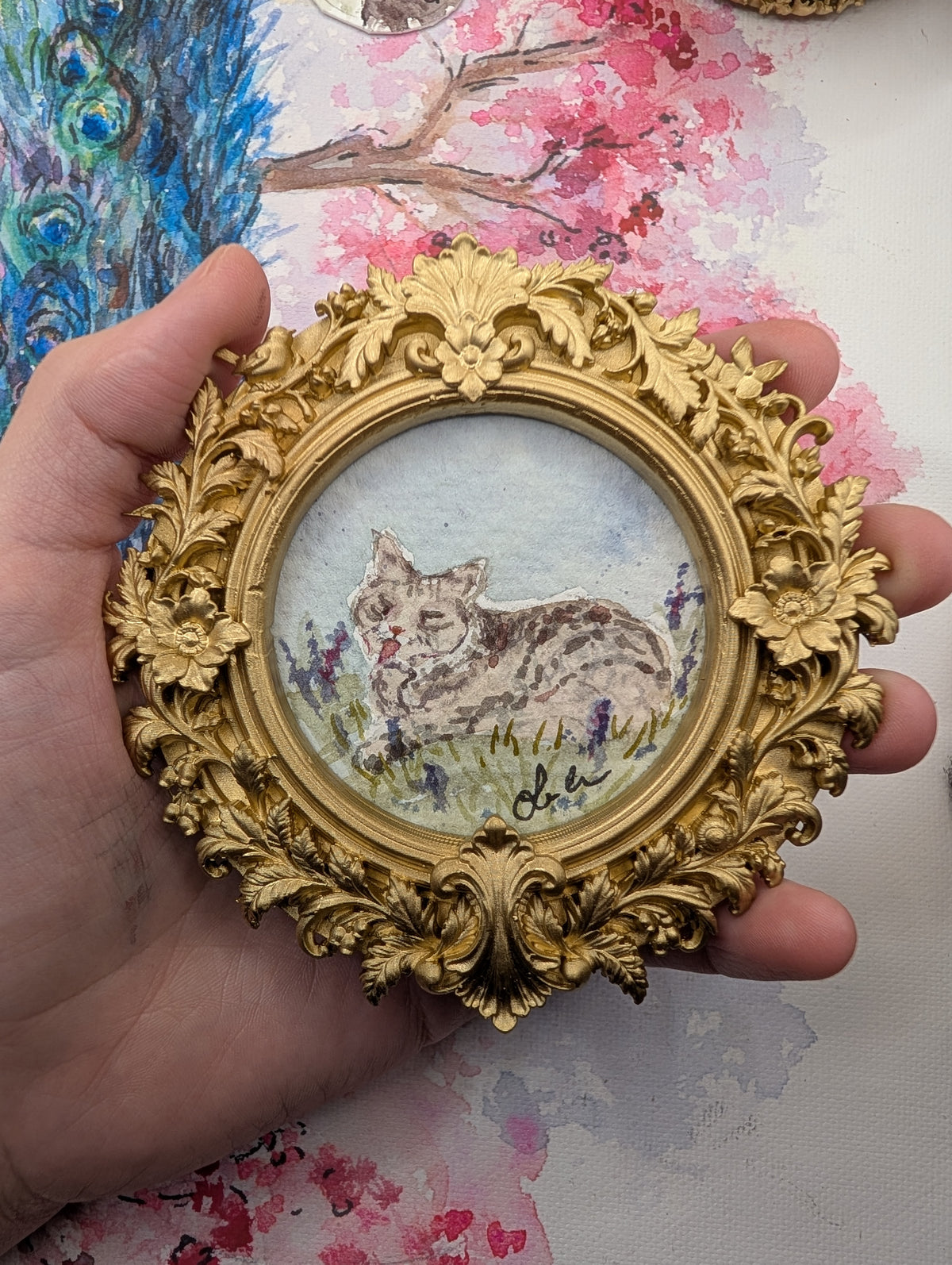 Mini Cat in Field Painting - Original Watercolor Art by Lora Cavallin