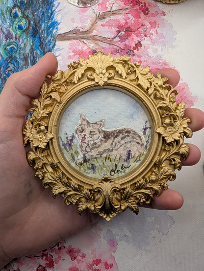 Mini Cat in Field Painting - Original Watercolor Art by Lora Cavallin