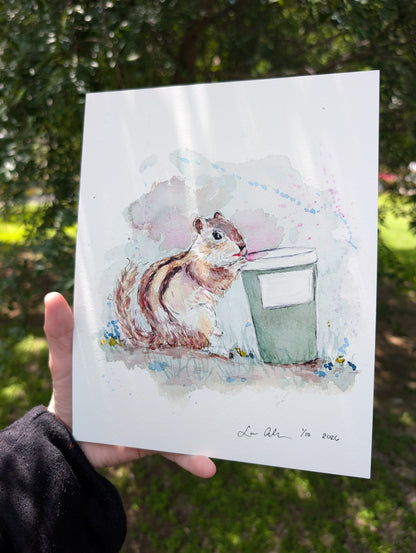 Chipmunk with Coffee Limited Edition Art Print - Personalizable - Watercolor Paper - Lora Cavallin Art - Not Framed, Print Only