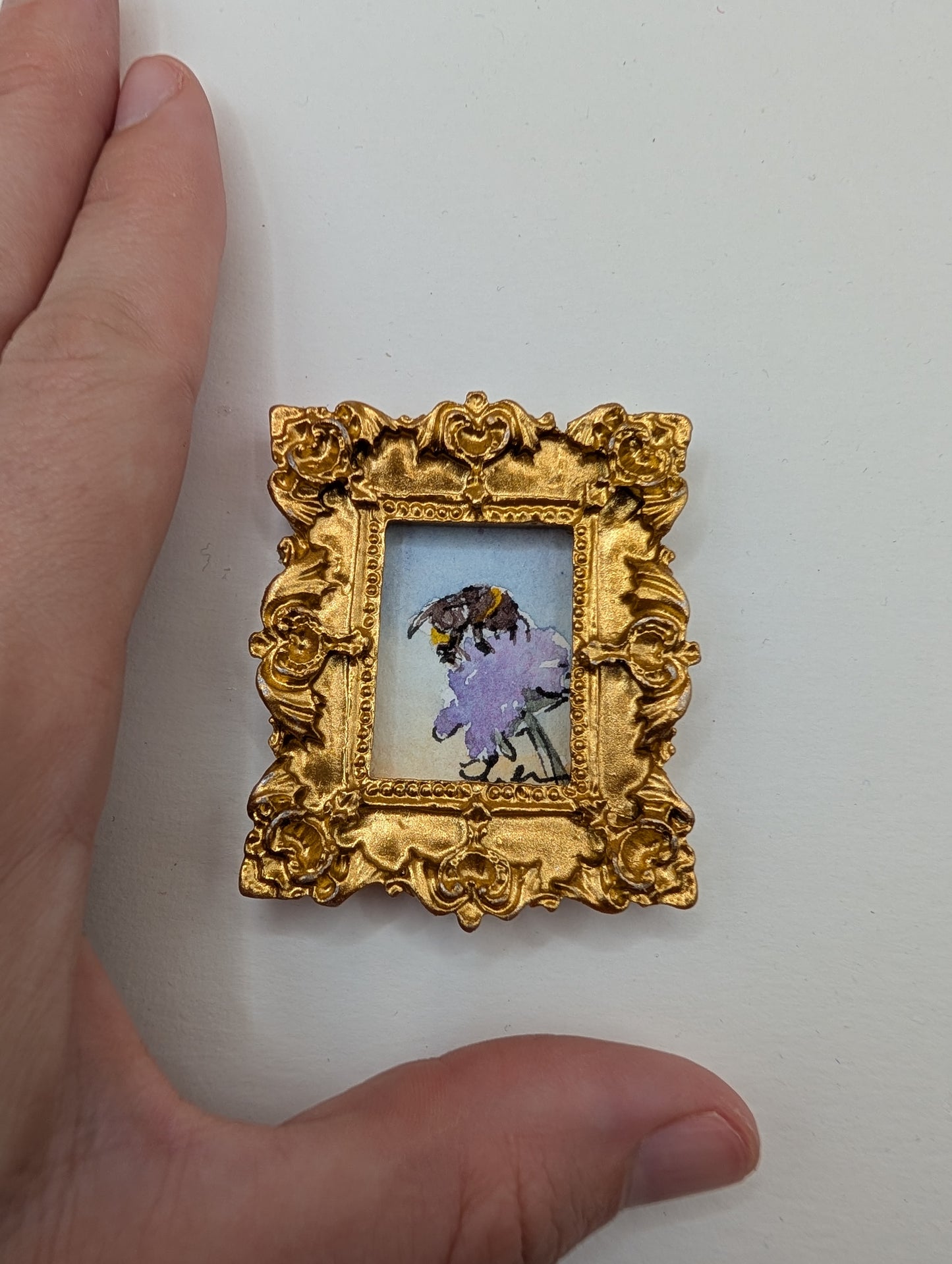 Mini Bee on Flower Painting - Original Watercolor Art by Lora Cavallin
