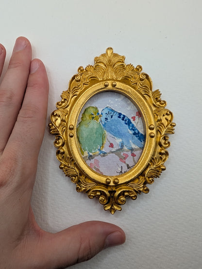 Mini Parakeet Birds in Love Painting - Original Watercolor Art by Lora Cavallin