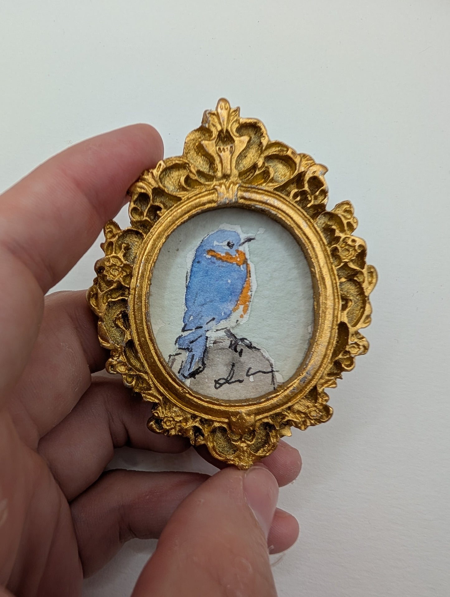 Mini Bluebird Painting - Original Watercolor Art by Lora Cavallin