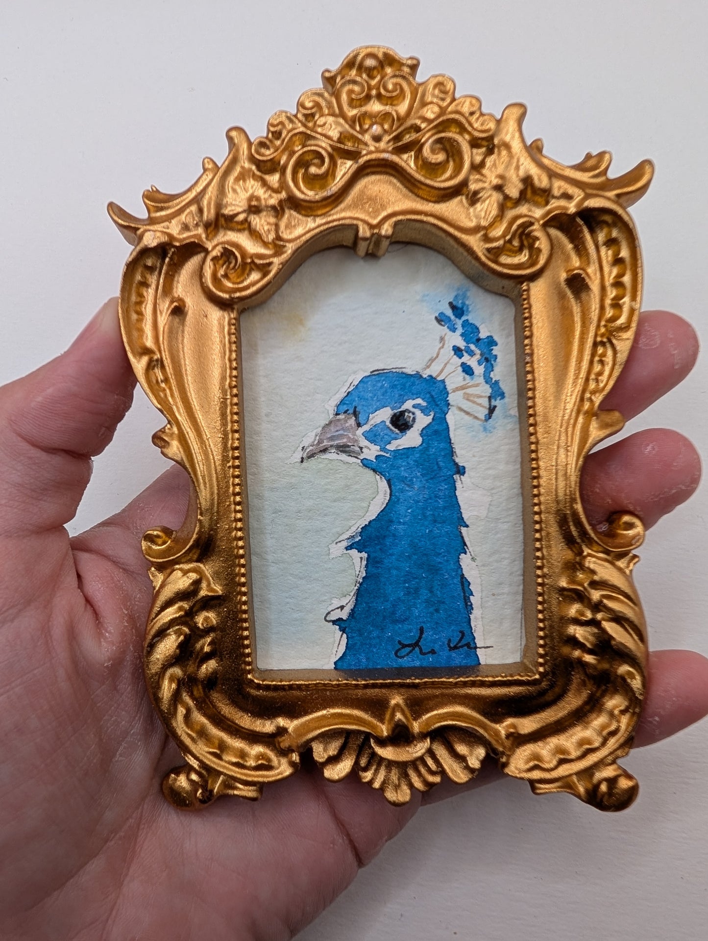 Mini Peacock Painting - Original Watercolor Art by Lora Cavallin