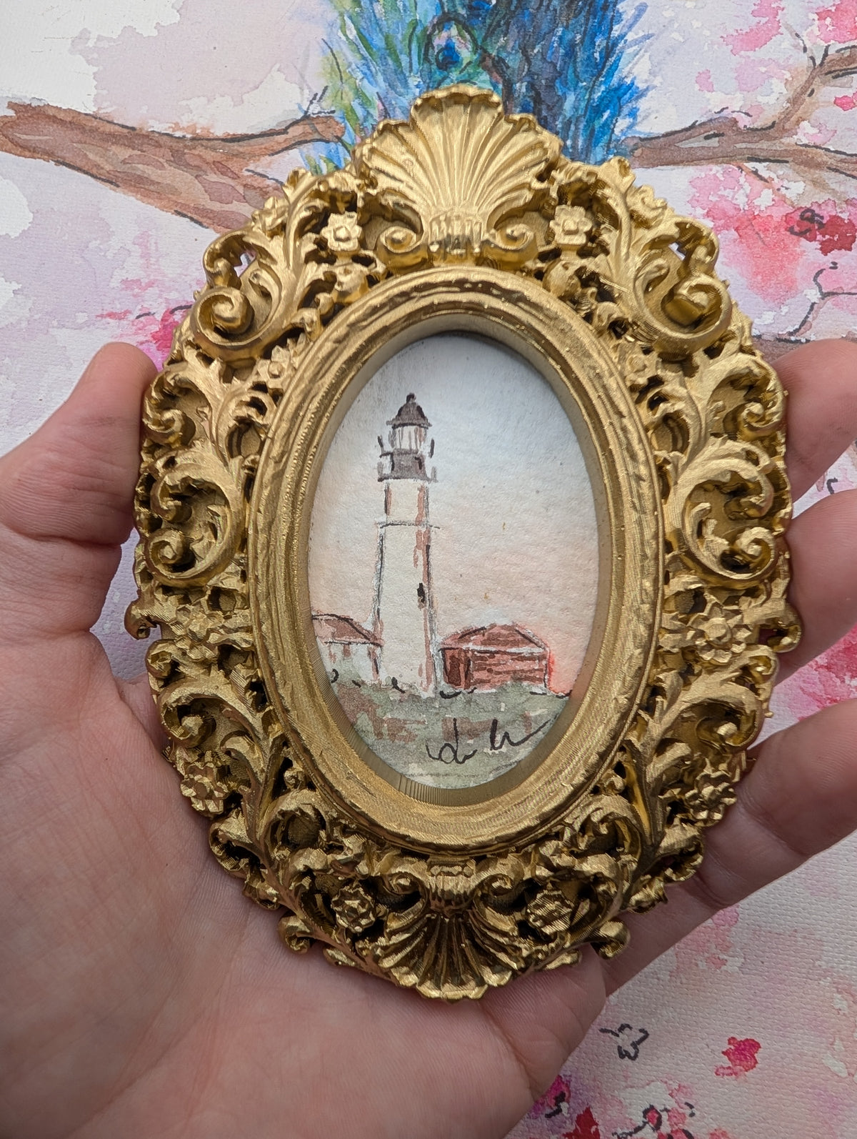 Mini Lighthouse Painting - Original Watercolor Art by Lora Cavallin