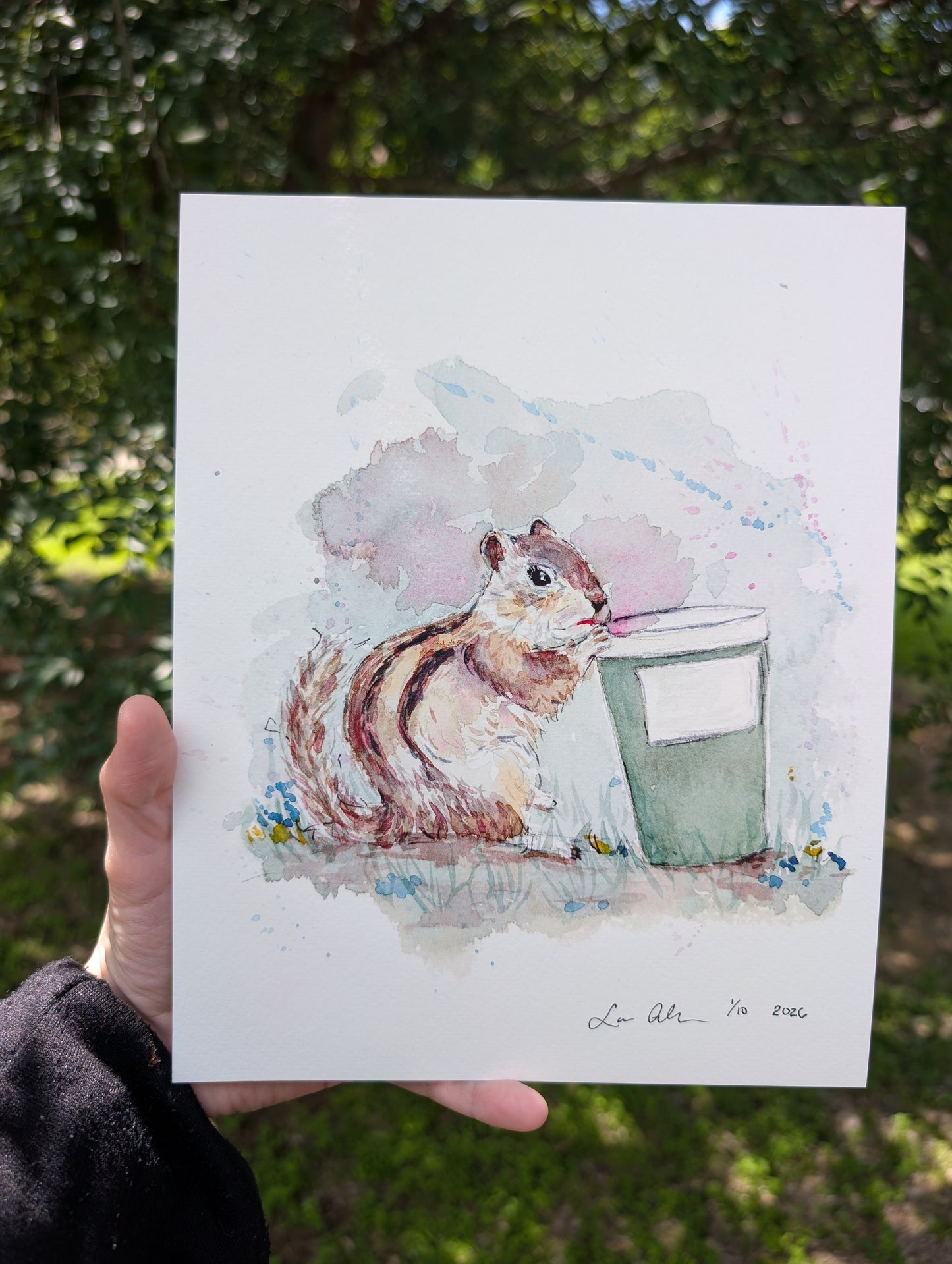 Chipmunk with Coffee Limited Edition Art Print - Personalizable - Watercolor Paper - Lora Cavallin Art - Not Framed, Print Only