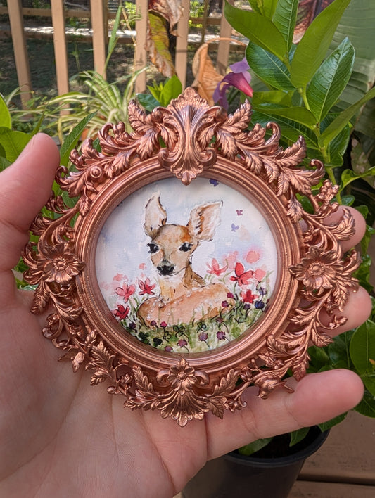 Baby Deer and Flowers — Round Framed Art Print