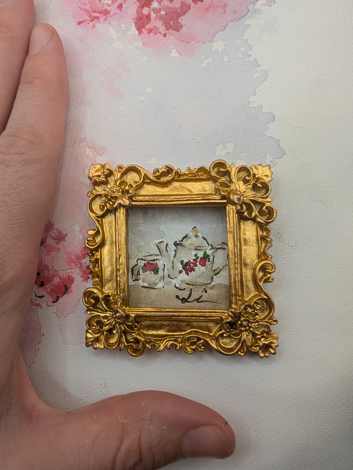 Mini Teapot and Teacup Painting - Original Watercolor Art by Lora Cavallin