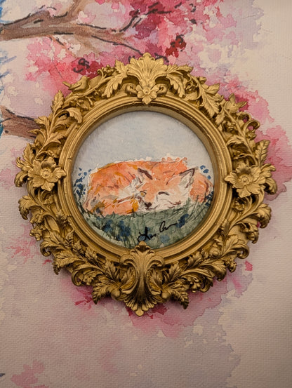 Mini Sleeping Fox Painting - Original Watercolor Art by Lora Cavallin