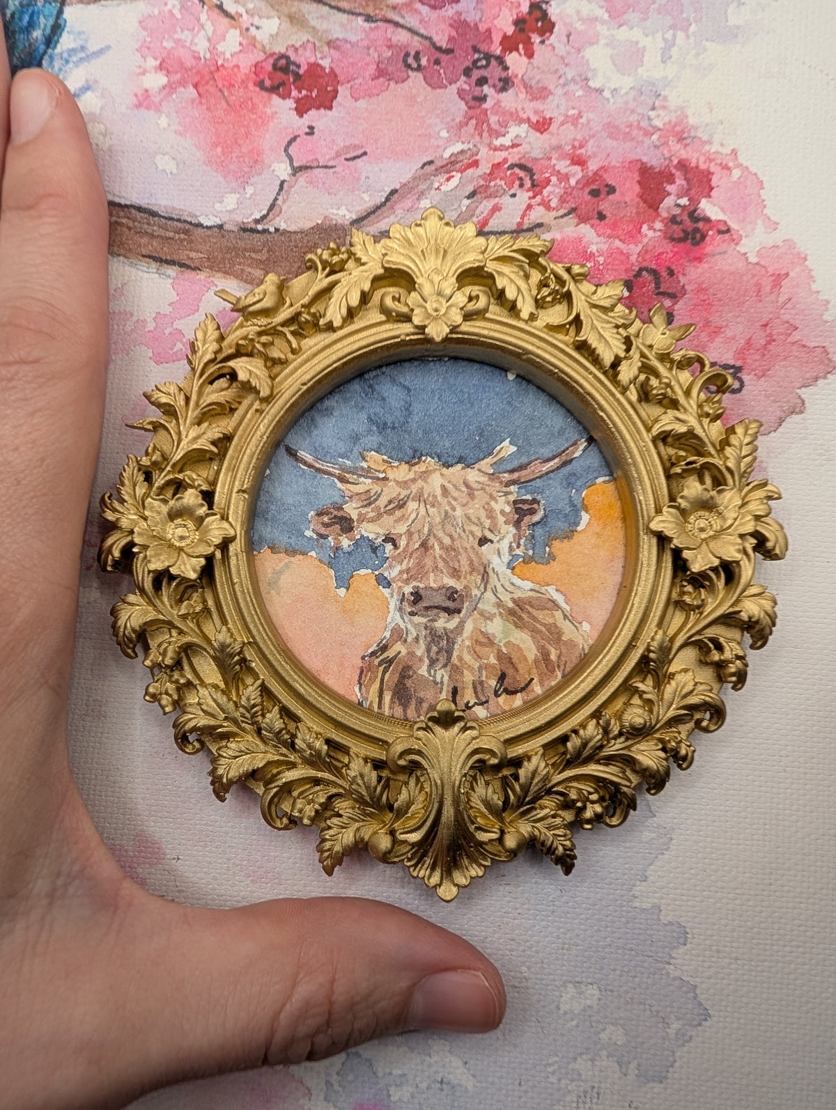 Mini Highland Cow Painting - Original Watercolor Art by Lora Cavallin