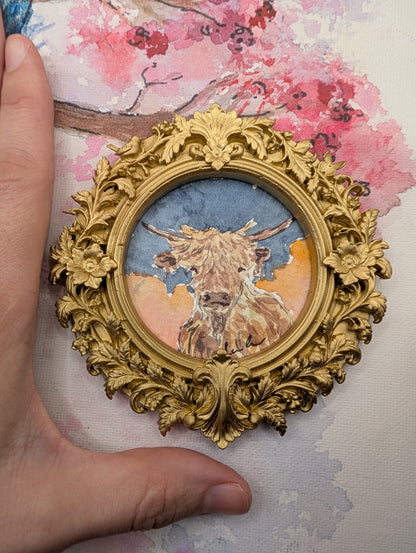 Mini Highland Cow Painting - Original Watercolor Art by Lora Cavallin