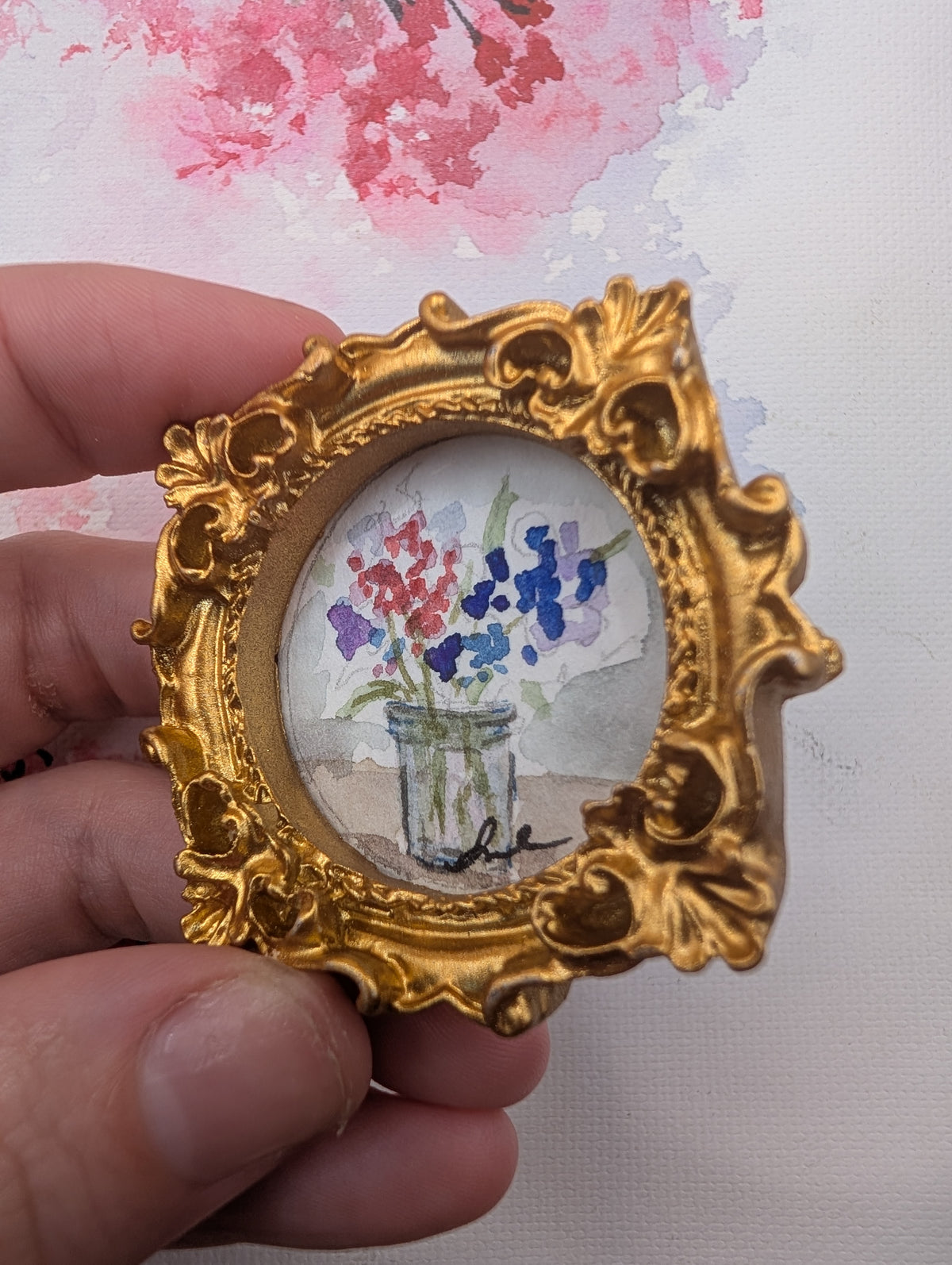 Mini Vase of Flowers Painting - Original Watercolor Art by Lora Cavallin