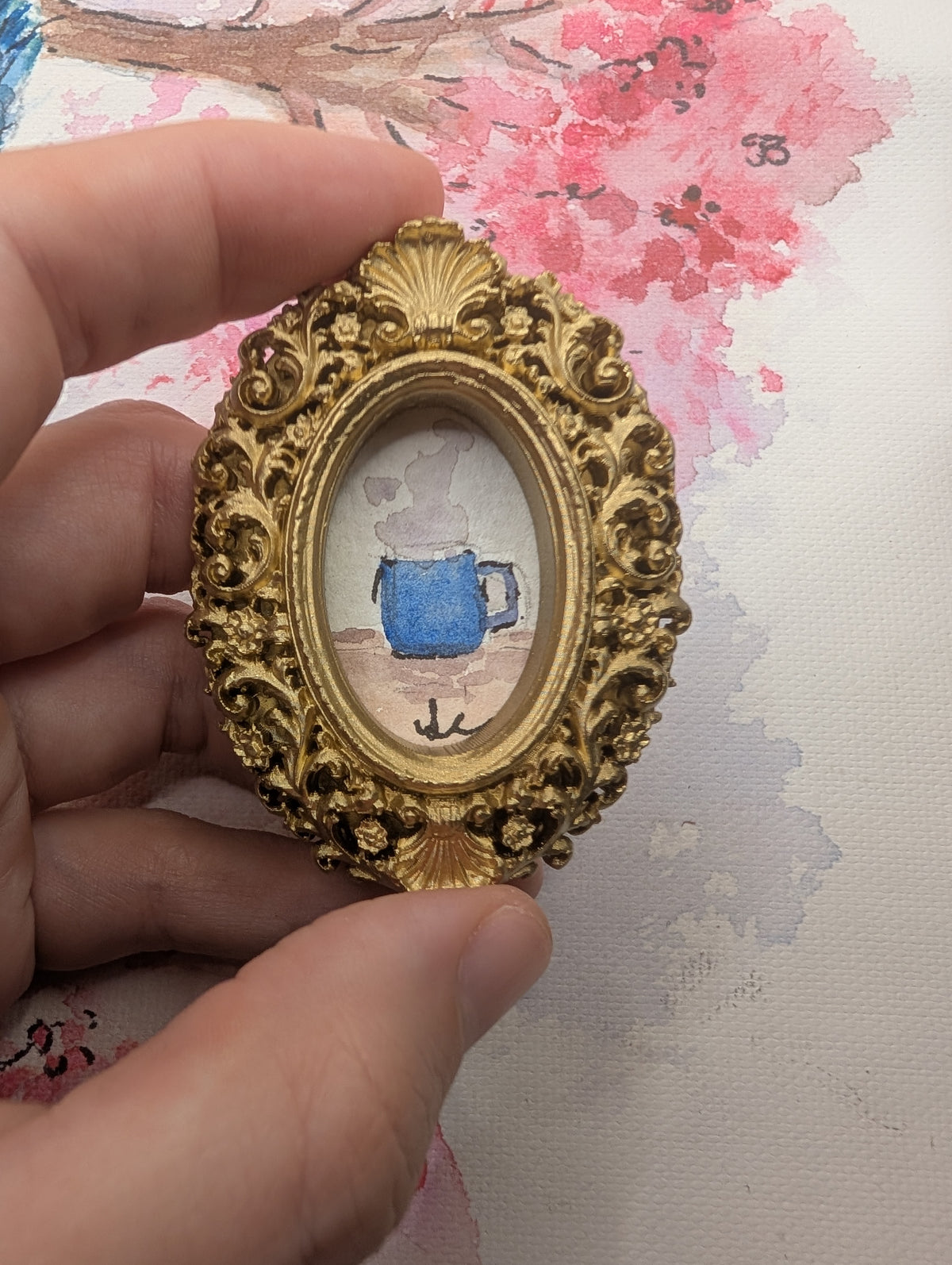 Mini Coffee Mug Painting - Original Watercolor Art by Lora Cavallin
